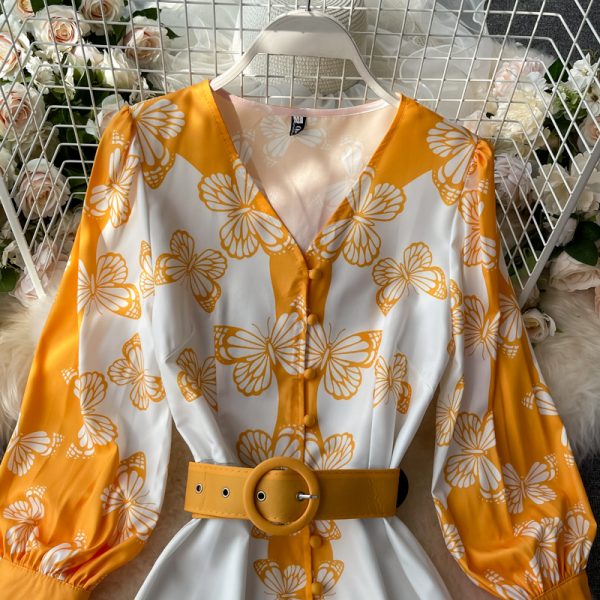 Summer New French Court Retro Style V-neck Dress Puff Sleeve Bow Print Single-Breasted Dress - Image 3