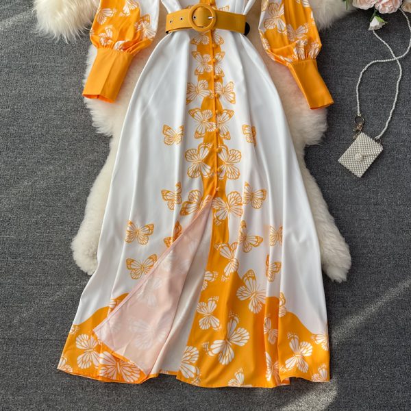 Summer New French Court Retro Style V-neck Dress Puff Sleeve Bow Print Single-Breasted Dress - Image 4