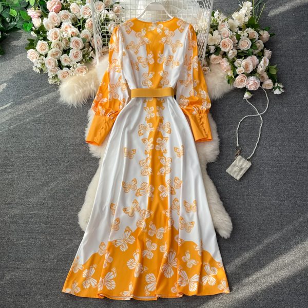 Summer New French Court Retro Style V-neck Dress Puff Sleeve Bow Print Single-Breasted Dress - Image 5