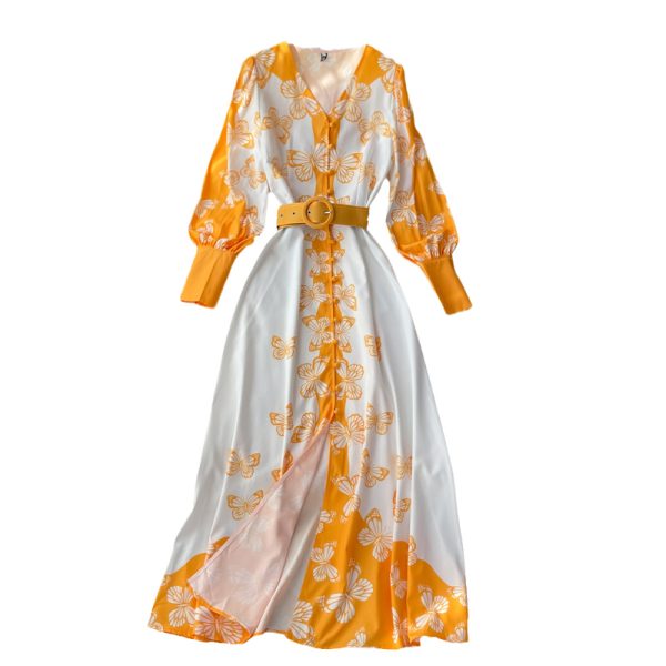 Summer New French Court Retro Style V-neck Dress Puff Sleeve Bow Print Single-Breasted Dress - Image 6