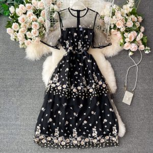 Summer New round Neck See-through Mesh Cinched Embroidery Flower Dress Short Sleeve Elegant Graceful Long Expansion Skirt