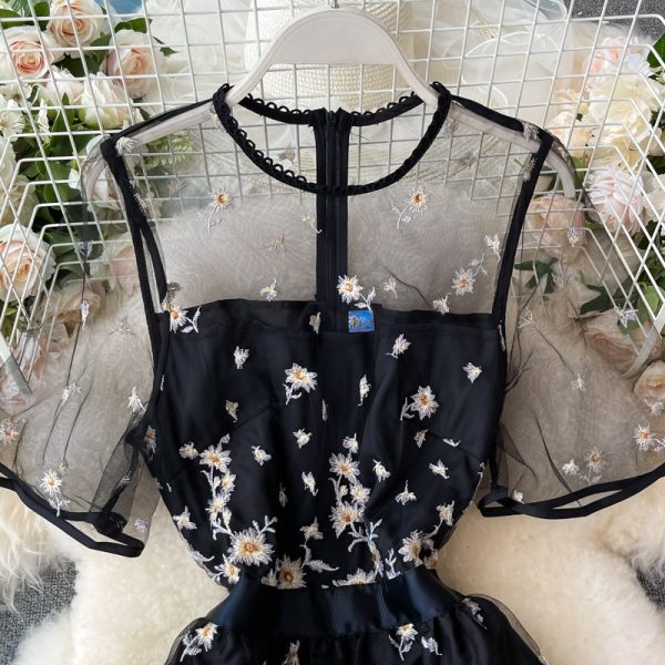 Summer New round Neck See-through Mesh Cinched Embroidery Flower Dress Short Sleeve Elegant Graceful Long Expansion Skirt - Image 3