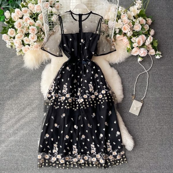 Summer New round Neck See-through Mesh Cinched Embroidery Flower Dress Short Sleeve Elegant Graceful Long Expansion Skirt - Image 5