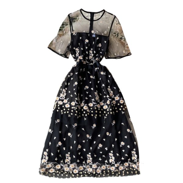 Summer New round Neck See-through Mesh Cinched Embroidery Flower Dress Short Sleeve Elegant Graceful Long Expansion Skirt - Image 6