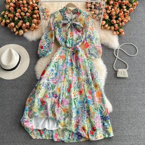 Ladies Elegant Big Hem Long Dress Spring and Autumn New Women’s Vintage Printed Super Fairy Bow Floral Chiffon Dress