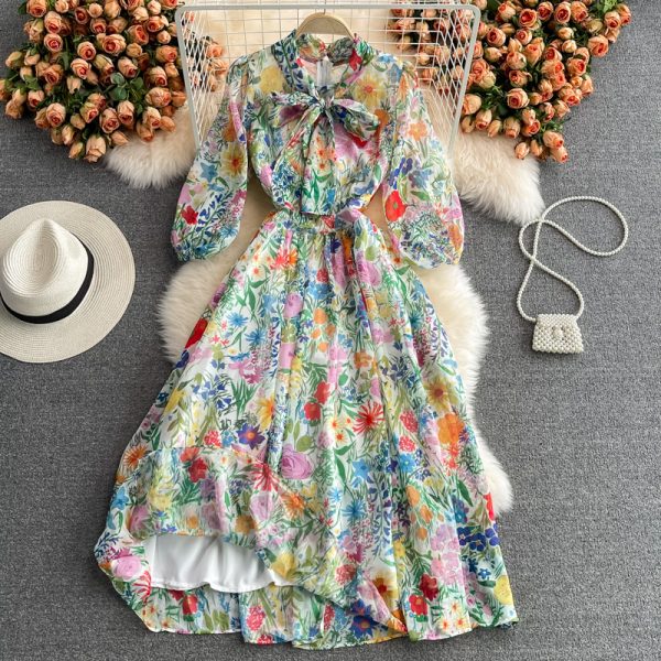 Ladies Elegant Big Hem Long Dress Spring and Autumn New Women’s Vintage Printed Super Fairy Bow Floral Chiffon Dress - Image 2