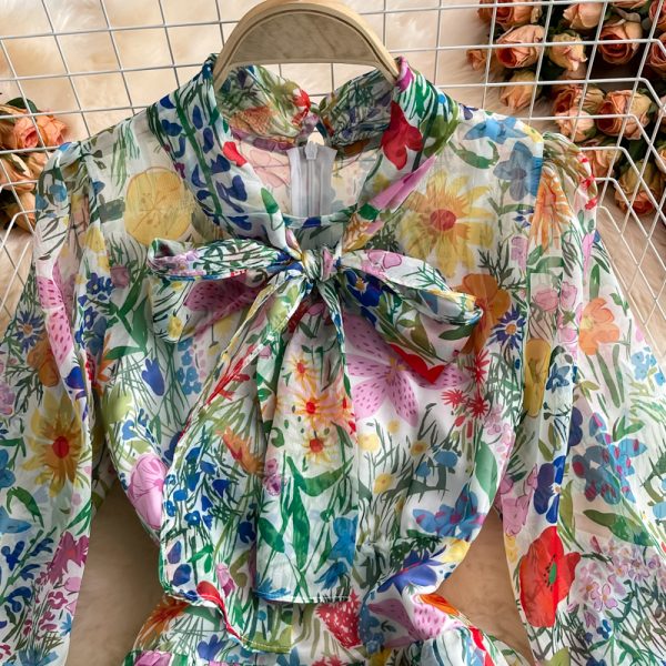 Ladies Elegant Big Hem Long Dress Spring and Autumn New Women’s Vintage Printed Super Fairy Bow Floral Chiffon Dress - Image 3