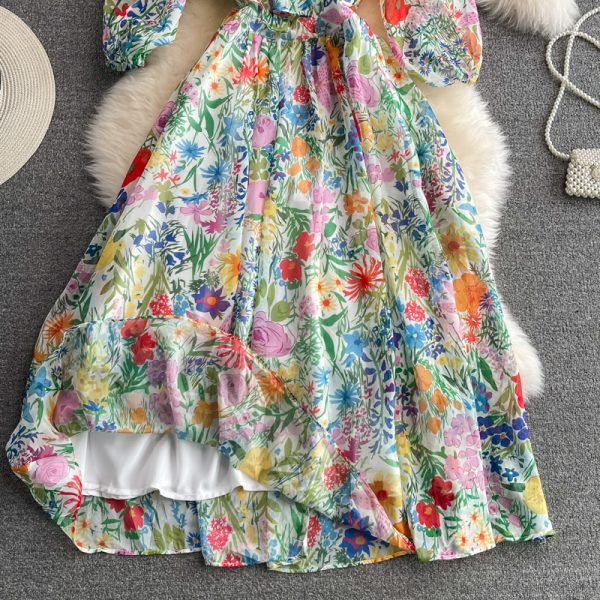 Ladies Elegant Big Hem Long Dress Spring and Autumn New Women’s Vintage Printed Super Fairy Bow Floral Chiffon Dress - Image 4