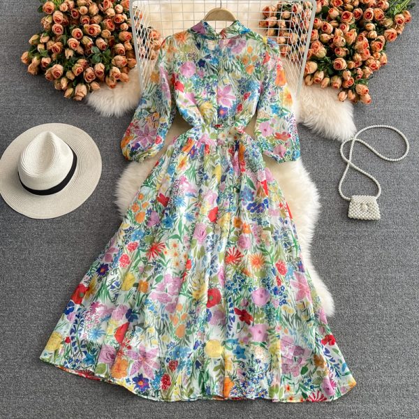 Ladies Elegant Big Hem Long Dress Spring and Autumn New Women’s Vintage Printed Super Fairy Bow Floral Chiffon Dress - Image 5