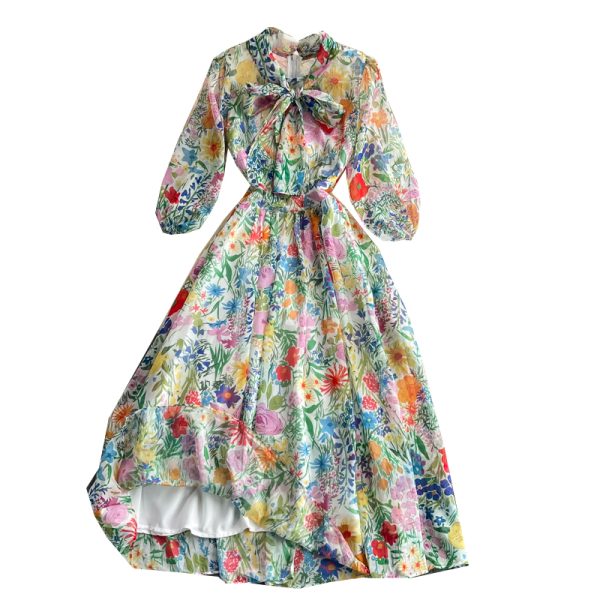 Ladies Elegant Big Hem Long Dress Spring and Autumn New Women’s Vintage Printed Super Fairy Bow Floral Chiffon Dress - Image 7