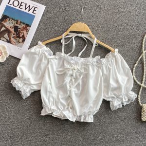 off-Shoulder off-Shoulder French Style Top Women’s Summer New Puff Sleeve Square Collar High Waist Navel Short Shirt