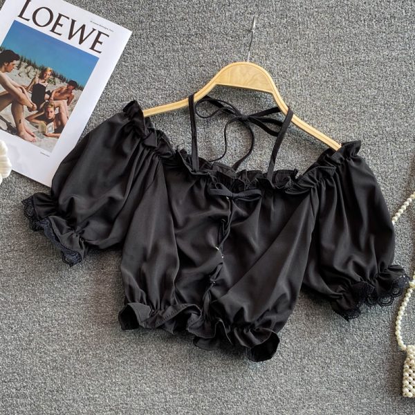 off-Shoulder off-Shoulder French Style Top Women’s Summer New Puff Sleeve Square Collar High Waist Navel Short Shirt - Image 3