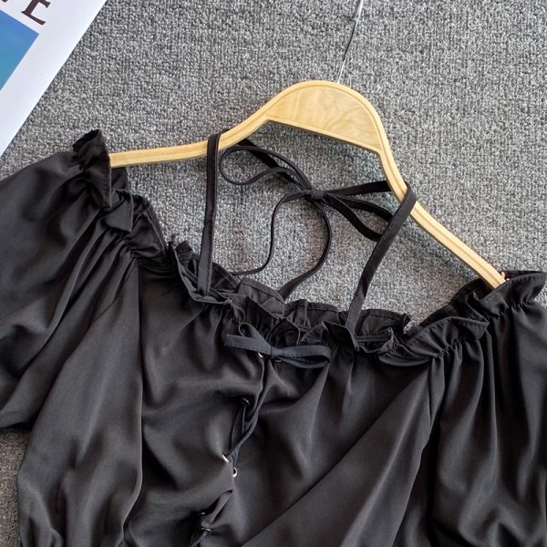 off-Shoulder off-Shoulder French Style Top Women’s Summer New Puff Sleeve Square Collar High Waist Navel Short Shirt - Image 4