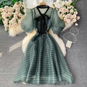 French Polka Dot Large Swing Dress Summer New Graceful Mori First Love Retro Gentle Puff Sleeve A- line Dress
