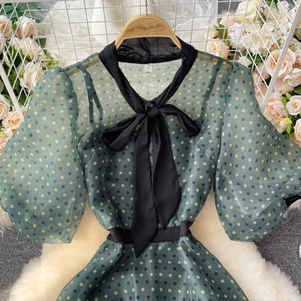 French Polka Dot Large Swing Dress Summer New Graceful Mori First Love Retro Gentle Puff Sleeve A- line Dress - Image 3
