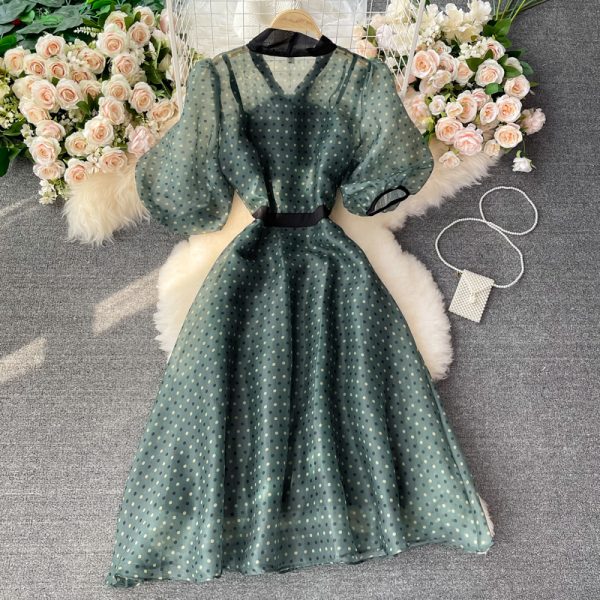 French Polka Dot Large Swing Dress Summer New Graceful Mori First Love Retro Gentle Puff Sleeve A- line Dress - Image 5