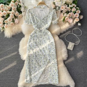 Summer New Gentle Fairy Puff Sleeve First Love Skirt Split V-neck Halter Chiffon Floral Dress