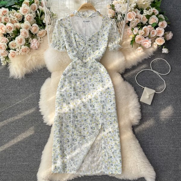 Summer New Gentle Fairy Puff Sleeve First Love Skirt Split V-neck Halter Chiffon Floral Dress