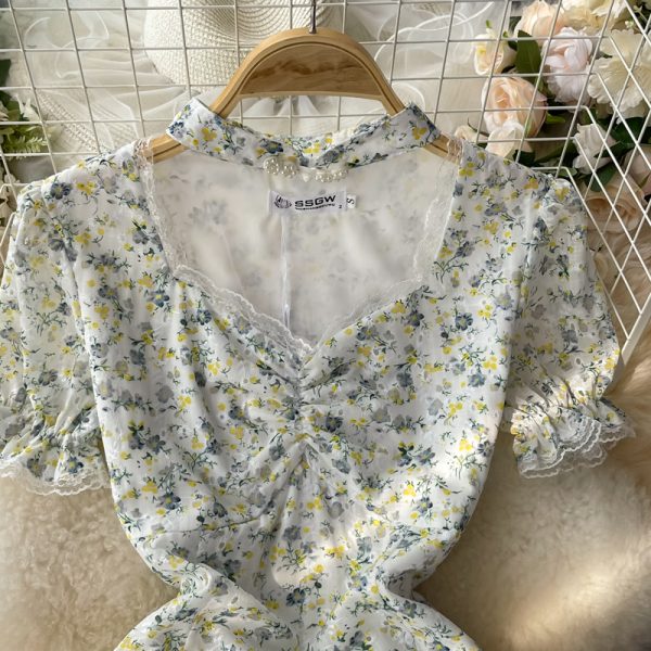 Summer New Gentle Fairy Puff Sleeve First Love Skirt Split V-neck Halter Chiffon Floral Dress - Image 3
