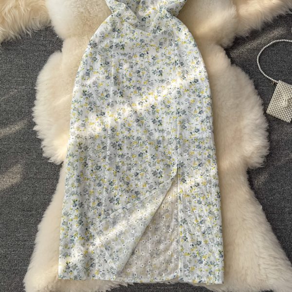 Summer New Gentle Fairy Puff Sleeve First Love Skirt Split V-neck Halter Chiffon Floral Dress - Image 4