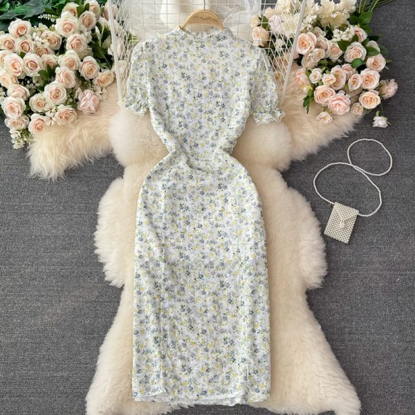 Summer New Gentle Fairy Puff Sleeve First Love Skirt Split V-neck Halter Chiffon Floral Dress - Image 5