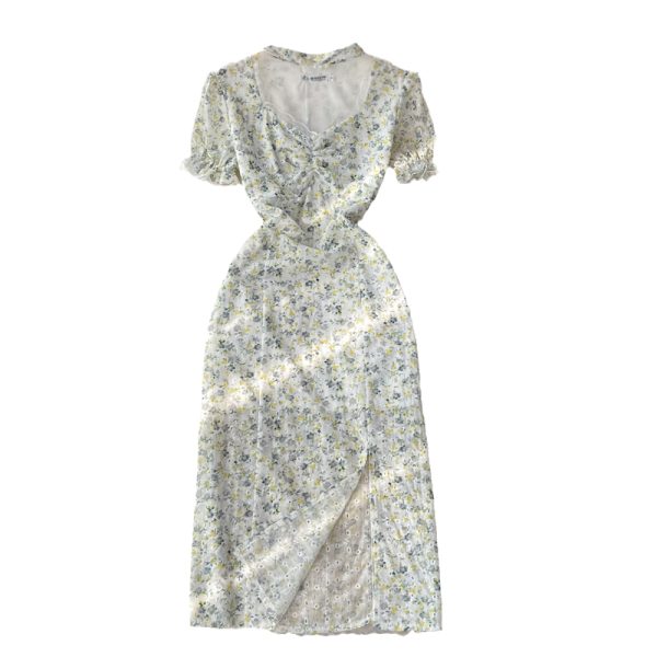 Summer New Gentle Fairy Puff Sleeve First Love Skirt Split V-neck Halter Chiffon Floral Dress - Image 6
