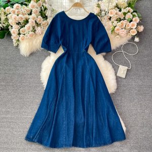 summer New Retro High Waist Hepburn Style Tight Waist Slimming round Neck Denim Dress Swing Long Dress