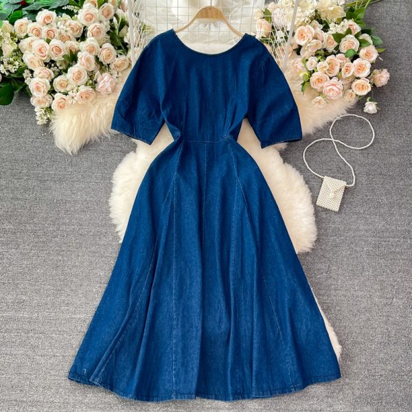 summer New Retro High Waist Hepburn Style Tight Waist Slimming round Neck Denim Dress Swing Long Dress - Image 2