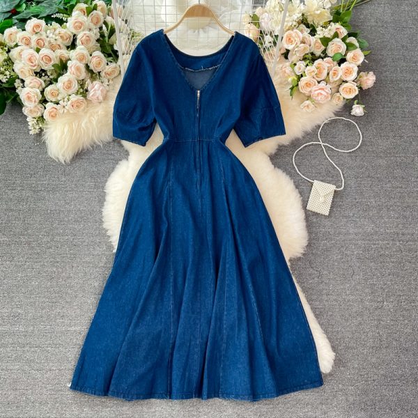 summer New Retro High Waist Hepburn Style Tight Waist Slimming round Neck Denim Dress Swing Long Dress - Image 3