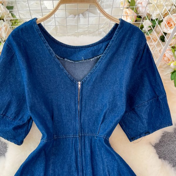 summer New Retro High Waist Hepburn Style Tight Waist Slimming round Neck Denim Dress Swing Long Dress - Image 4