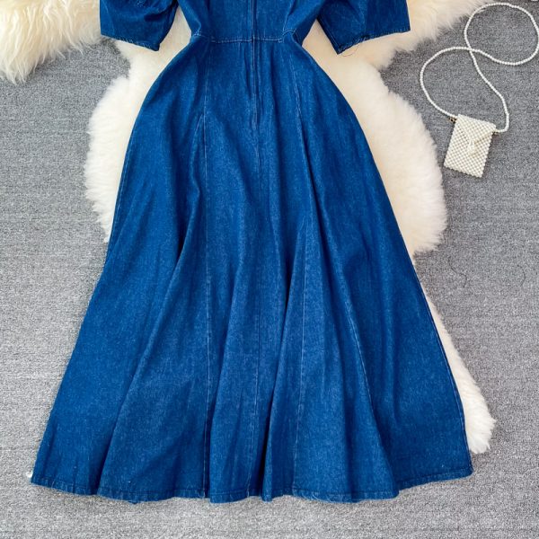 summer New Retro High Waist Hepburn Style Tight Waist Slimming round Neck Denim Dress Swing Long Dress - Image 5