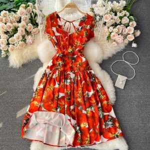 summer new French style retro waist slimming square collar printed dress short sleeve elegant temperament mid-length skirt