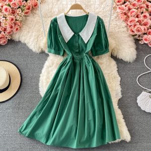 Summer New Korean Style Elegant Doll Collar Tight Waist Slimming Dress Women’s Bubble Sleeve Mid-Length A- line Dress