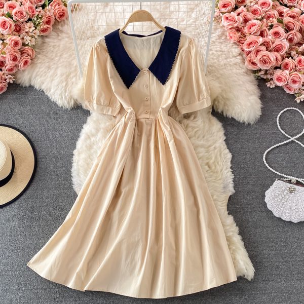 Summer New Korean Style Elegant Doll Collar Tight Waist Slimming Dress Women’s Bubble Sleeve Mid-Length A- line Dress - Image 3