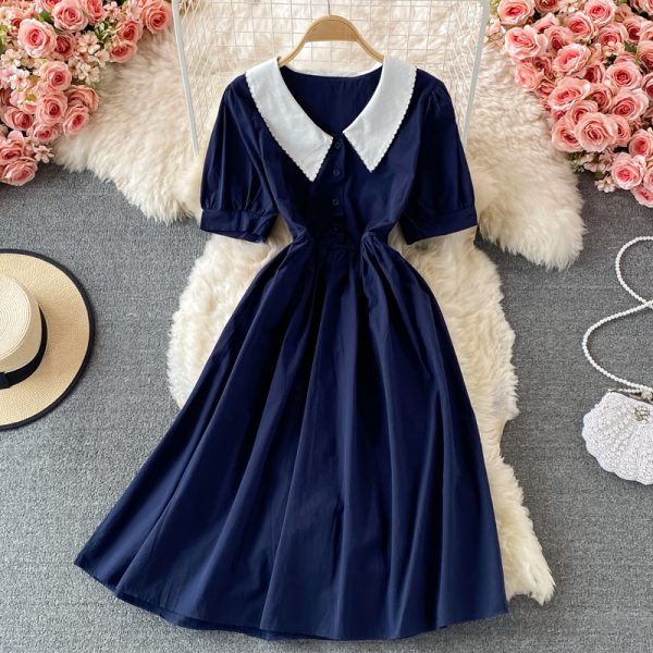 Summer New Korean Style Elegant Doll Collar Tight Waist Slimming Dress Women’s Bubble Sleeve Mid-Length A- line Dress - Image 4