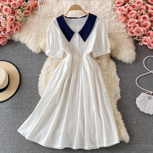 Summer New Korean Style Elegant Doll Collar Tight Waist Slimming Dress Women’s Bubble Sleeve Mid-Length A- line Dress - Image 5
