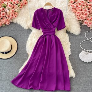 summer French retro bellflower skirt super fairy v-neck waist slimming dress elegant temperament large swing dress