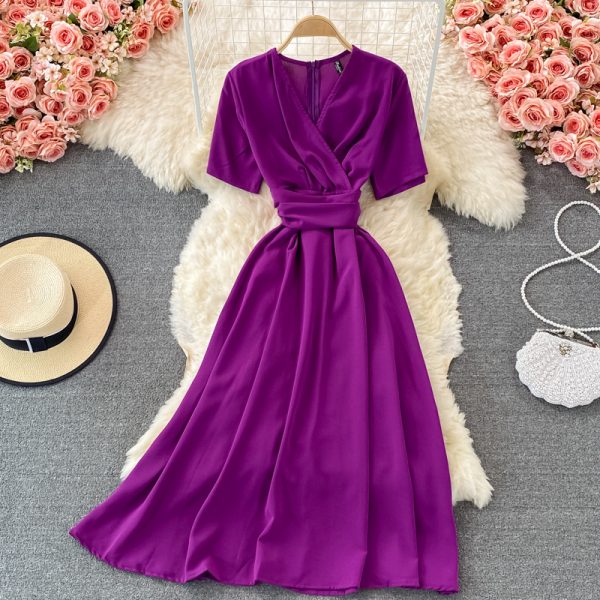 summer French retro bellflower skirt super fairy v-neck waist slimming dress elegant temperament large swing dress - Image 2