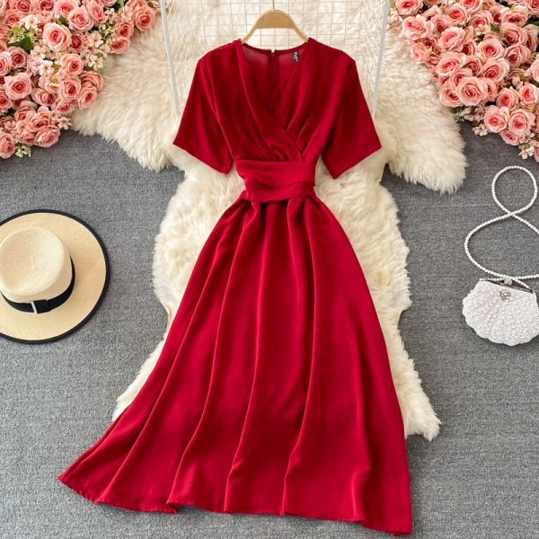 summer French retro bellflower skirt super fairy v-neck waist slimming dress elegant temperament large swing dress - Image 3