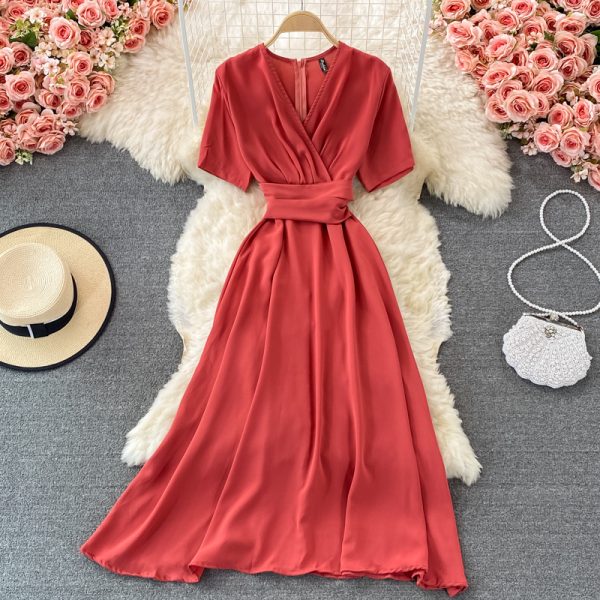 summer French retro bellflower skirt super fairy v-neck waist slimming dress elegant temperament large swing dress - Image 4