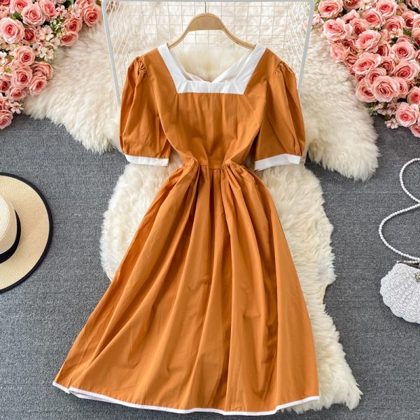 summer Korean version of the new waist slimming mid-length square neck halter dress with short sleeves - Image 3