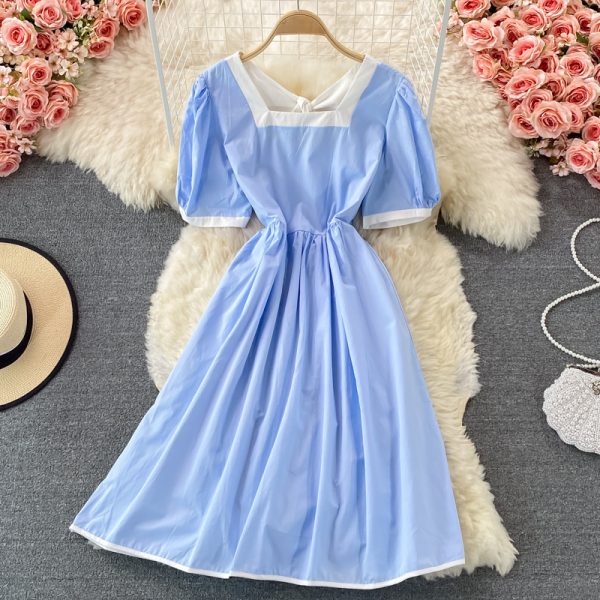 summer Korean version of the new waist slimming mid-length square neck halter dress with short sleeves - Image 4