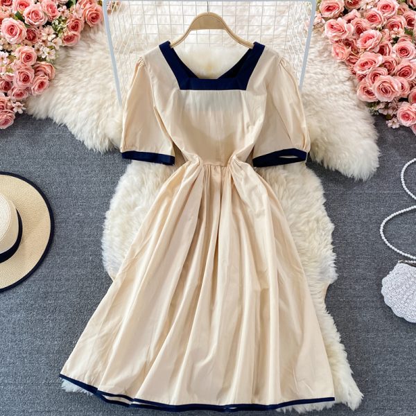 summer Korean version of the new waist slimming mid-length square neck halter dress with short sleeves - Image 5