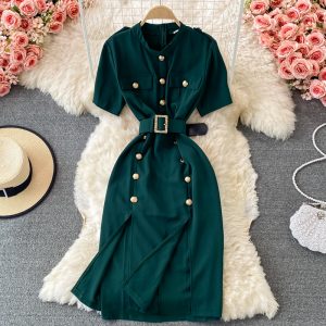Go-Getter Girl Style Business Ol Split Dress Summer Women’s New Stand Collar Elegant Double Breasted Short Sleeve Dress