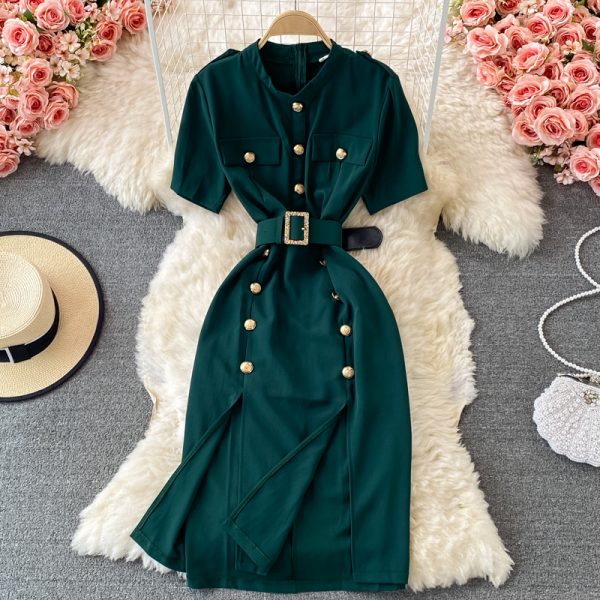 Go-Getter Girl Style Business Ol Split Dress Summer Women’s New Stand Collar Elegant Double Breasted Short Sleeve Dress - Image 2