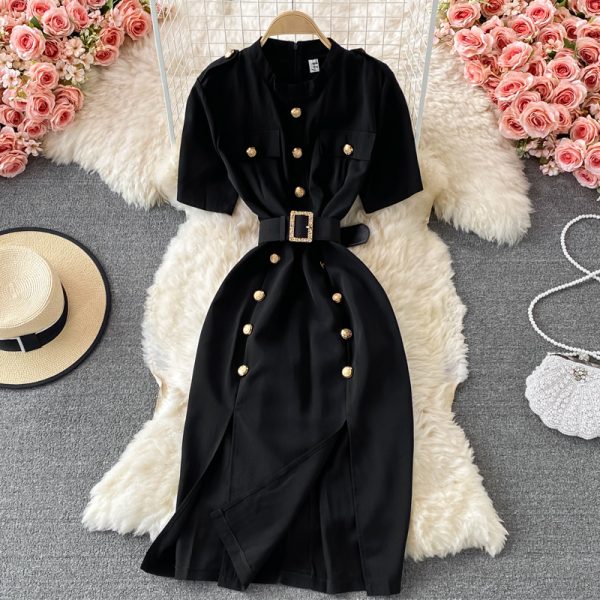 Go-Getter Girl Style Business Ol Split Dress Summer Women’s New Stand Collar Elegant Double Breasted Short Sleeve Dress - Image 4
