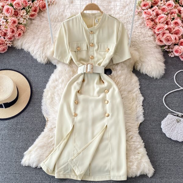 Go-Getter Girl Style Business Ol Split Dress Summer Women’s New Stand Collar Elegant Double Breasted Short Sleeve Dress - Image 5