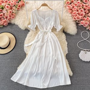 Young Sweet Split Square Collar Dress Female Summer Super Fairy Gentle Graceful Long Expansion Skirt White Fairy Skirt