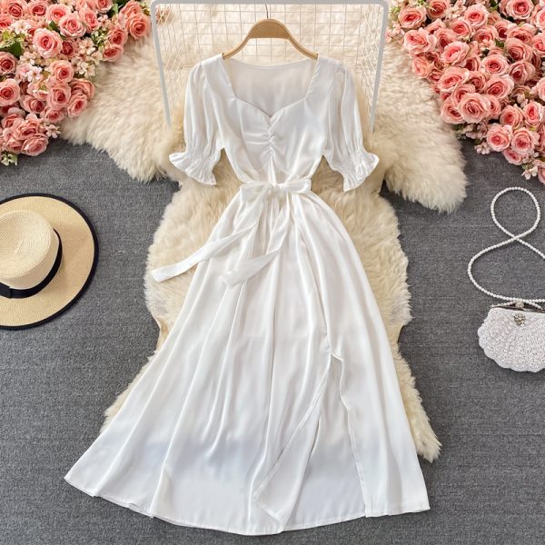 Young Sweet Split Square Collar Dress Female Summer Super Fairy Gentle Graceful Long Expansion Skirt White Fairy Skirt - Image 2