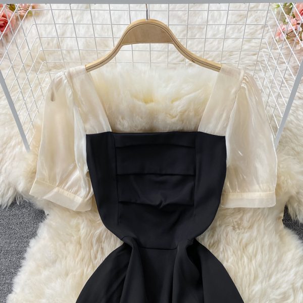 Summer New French Retro Color Matching Square Collar Dress Puff Sleeve Waist Slimming Graceful Long Expansion Skirt - Image 3